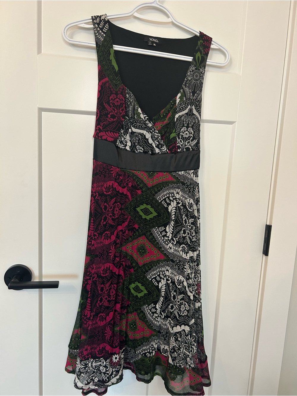 XOXO Black Pink Paisley Print Fit & Flare Dress Size M V-Neck